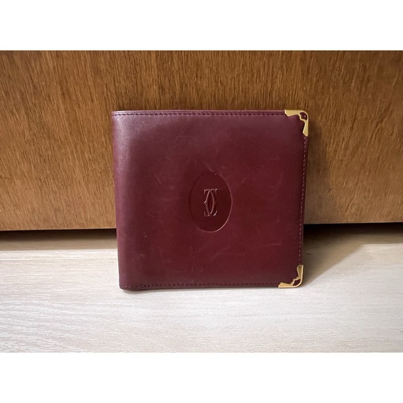 Vintage CARTIER Burgundy Red Leather Bifold Mens Wallet Bill Compartments - Picture 1 of 11
